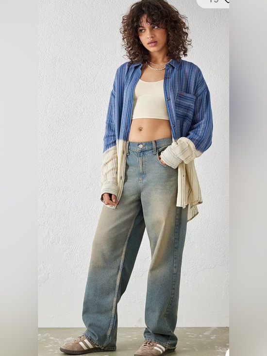 BDG Tops - BDG Women’s oversized Small Dip-Dye Sadie Striped Button-Up Shirt Blue and Cream